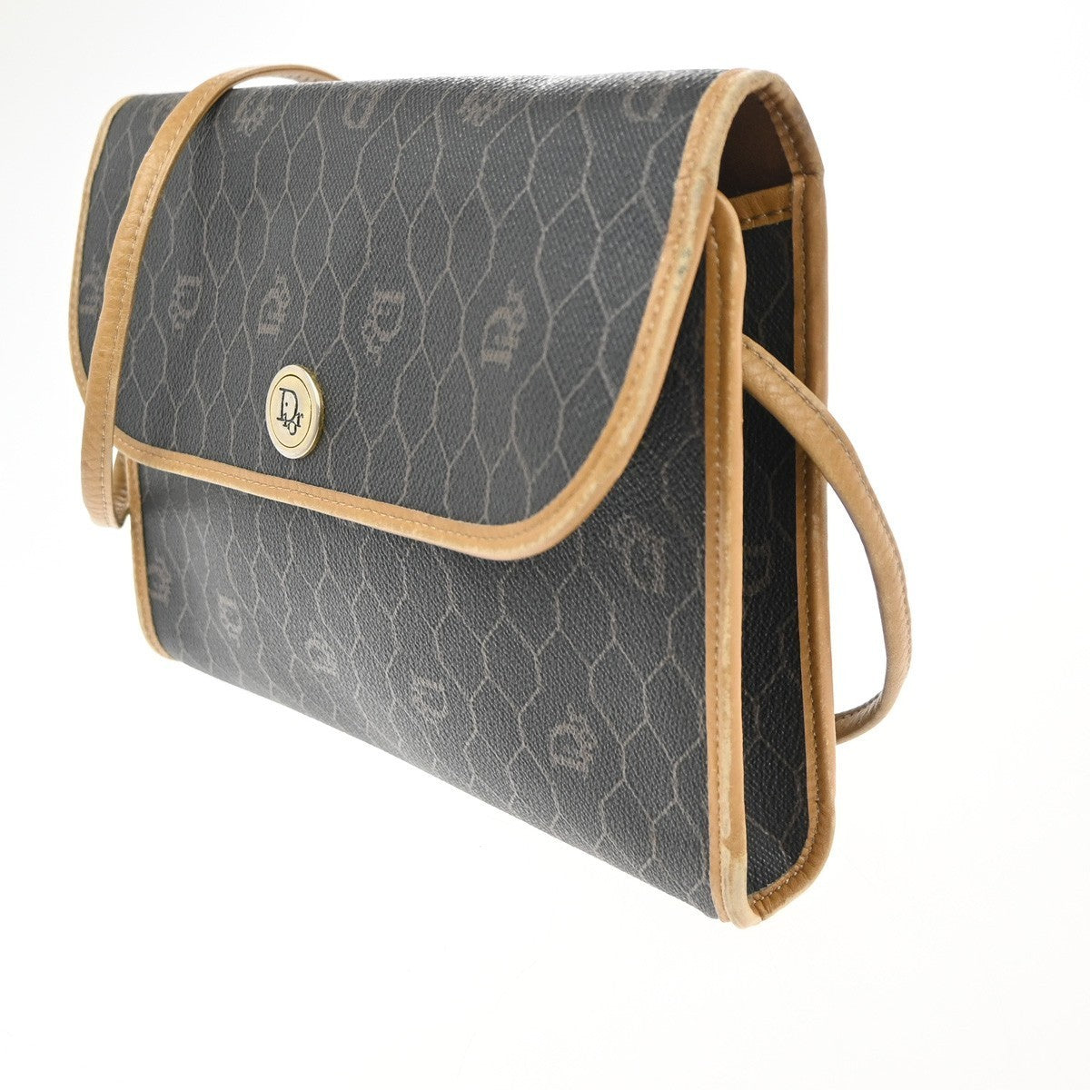 CHRISTIAN DIOR Logo Honeycomb Mini Shoulder Bag PVC Leather BLack GHW 61CA697