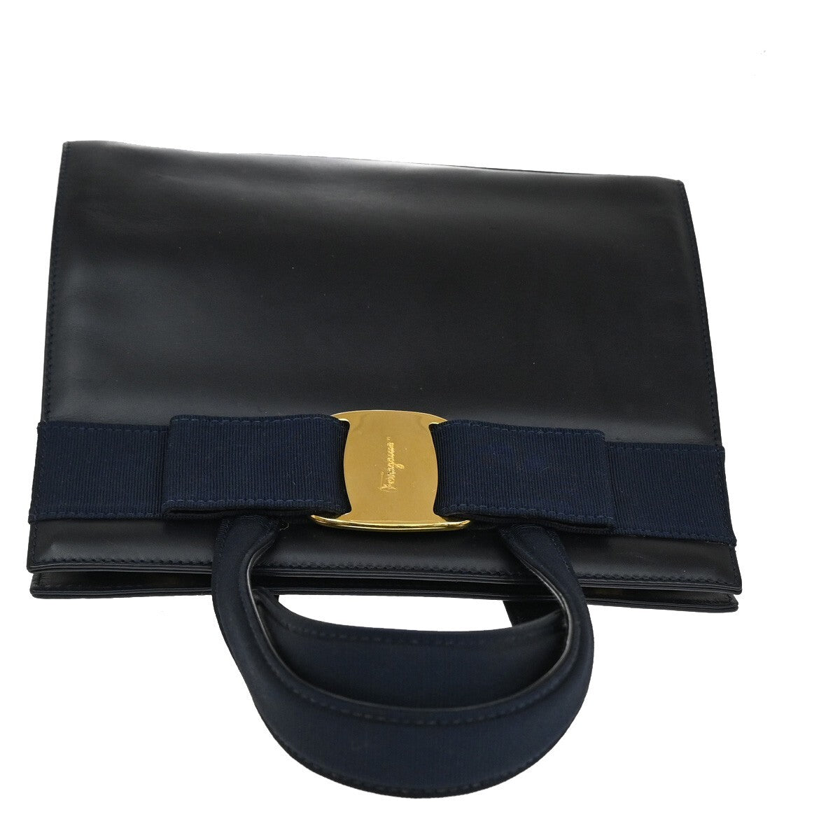 SALVATORE FERRAGAMO LOGO Vara 2Way Hand Bag Leather Canvas Navy Blue 65YH406
