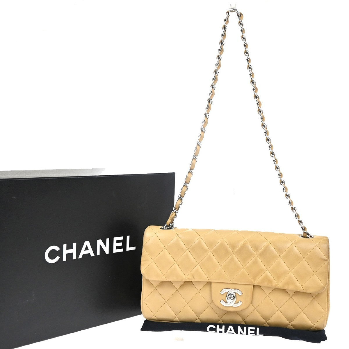 CHANEL CC Logo Matelasse Chain Shoulder Bag Leather Beige GHW 332RP020