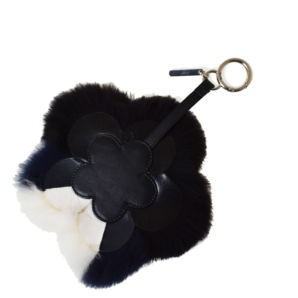 FENDI Logo Flower Motif Charm Key Chain Fur Leather Black Italy 66JH635