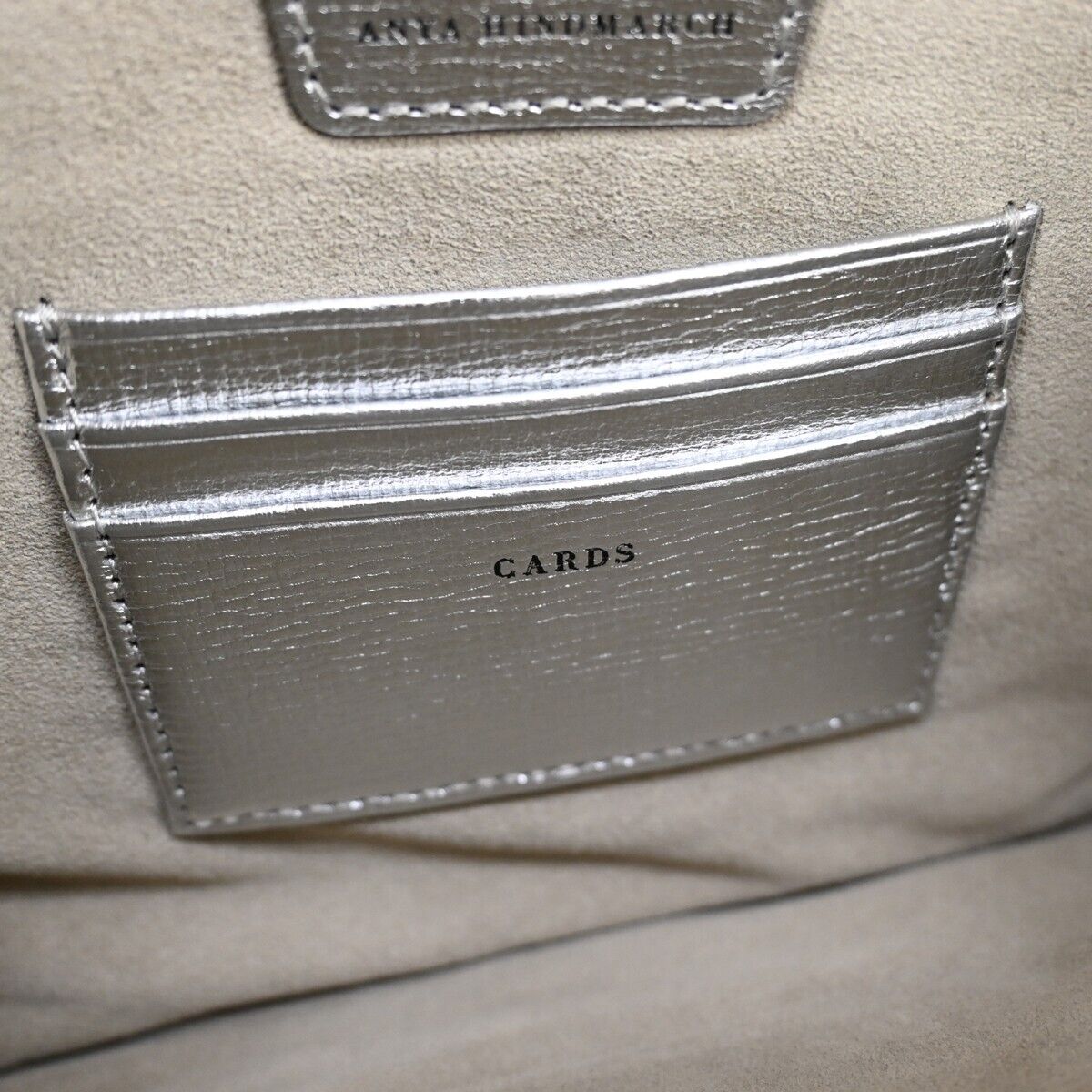 ANYA HINDMARCH Logo Fringe Tassel Clutch Hand Bag Leather Silver Black 69EA079