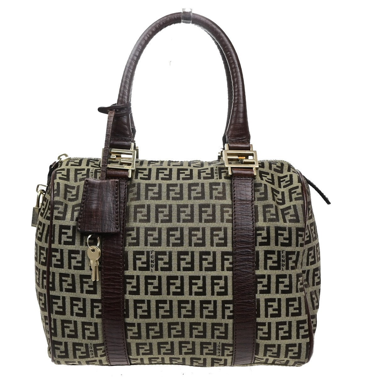 FENDI Logo Zucchino Mini Boston Hand Bag Canvas Leather Brown GHW Italy 79MA718