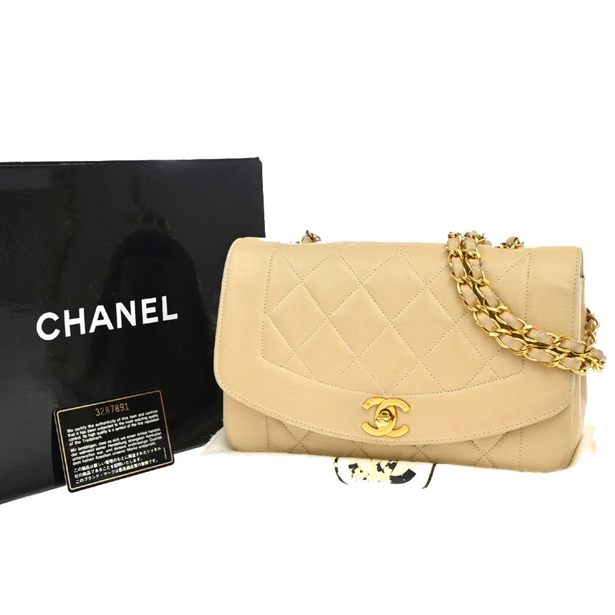 CHANEL CC Diana Matelasse 22 Chain Shoulder Bag Leather Beige Vintage 397RF995