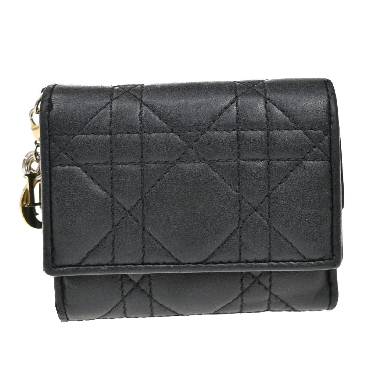 CHRISTIAN DIOR Cannage Charm Trifold Compact Wallet Leather Black GHW 65KB466