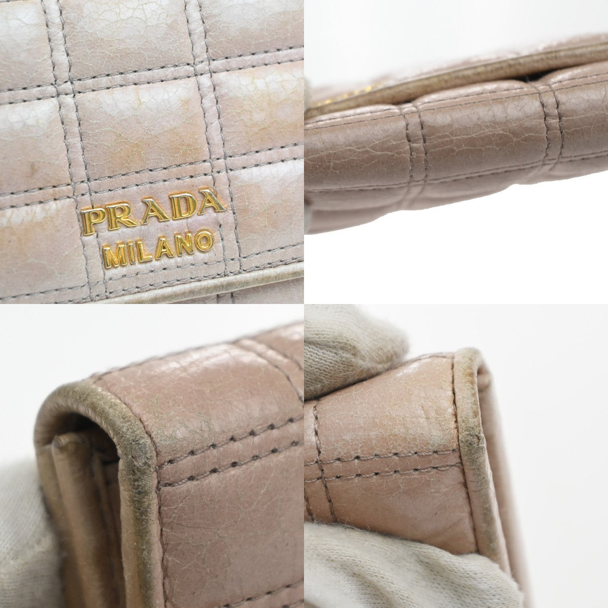 PRADA Logo Bifold Flap Long Wallet  Quilted Leather Pink Beige GHW Italy 01KD035