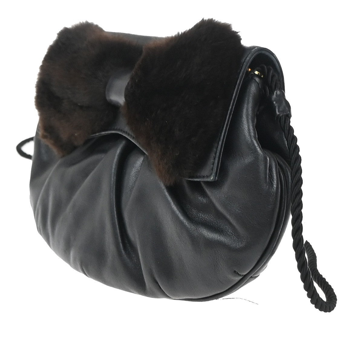 FENDI Logo Bow Shoulder Bag Fur Leather Black GHW Italy 65EG358