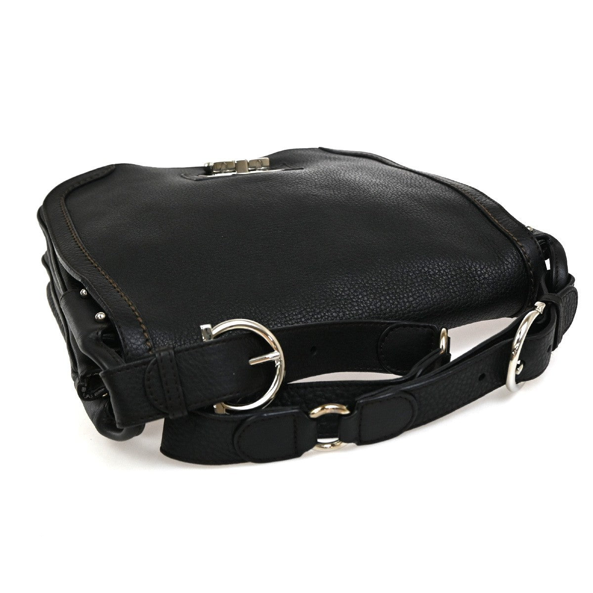 SALVATORE FERRAGAMO Gancini Shoulder Bag Leather Black SHW Italy 34RF978