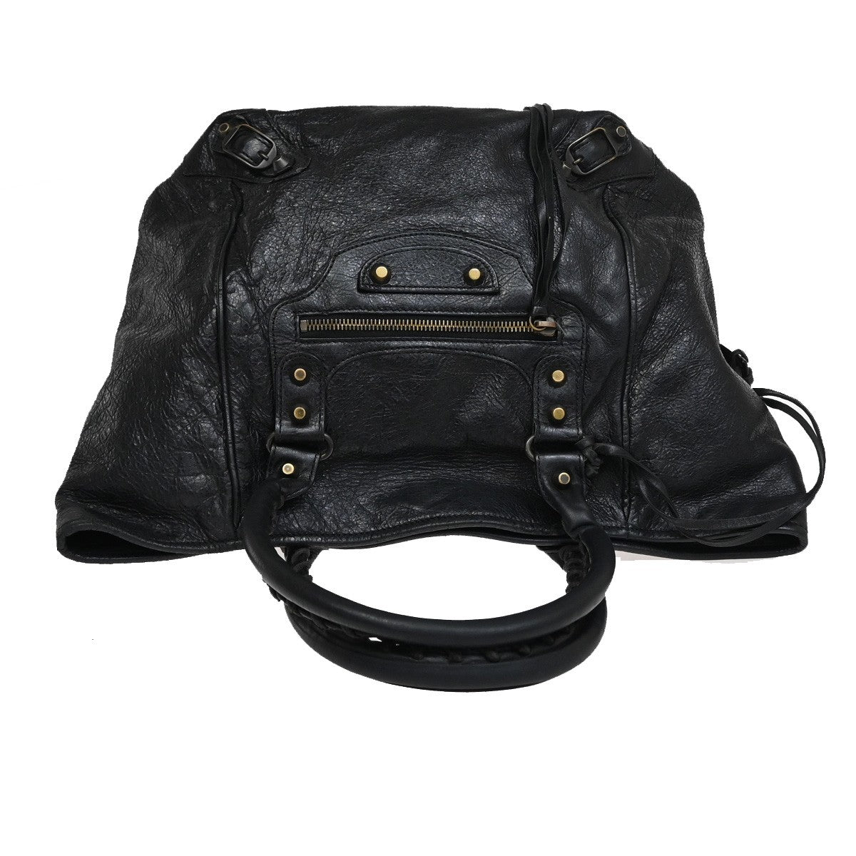 BALENCIAGA Logo The Sunday Shoulder Tote Hand Bag Leather Black Mirror 70YH628