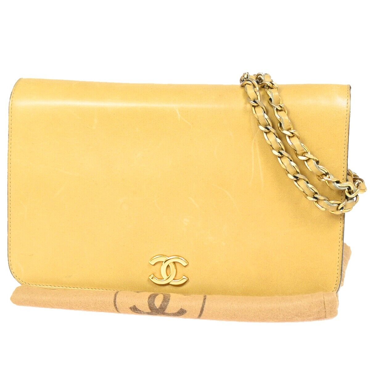 CHANEL CC Logo Chain Shoulder Bag Leather Beige GHW France Vintage 605EB035