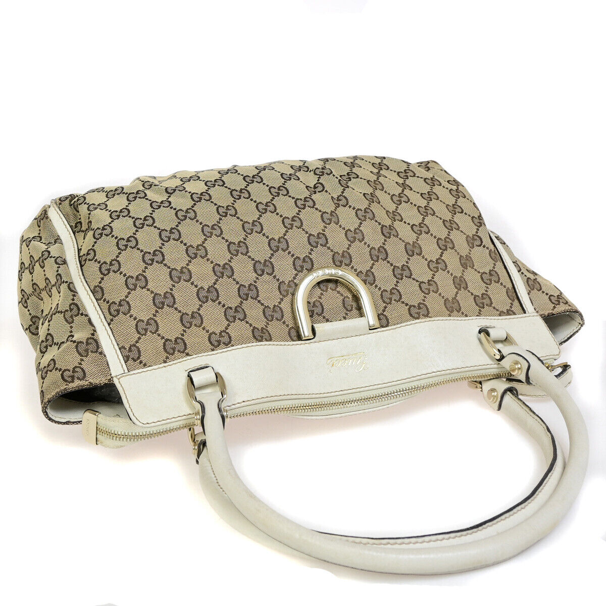 GUCCI Logo Abbey GG Pattern Shoulder Bag Canvas Leather Brown White GHW 66YG263