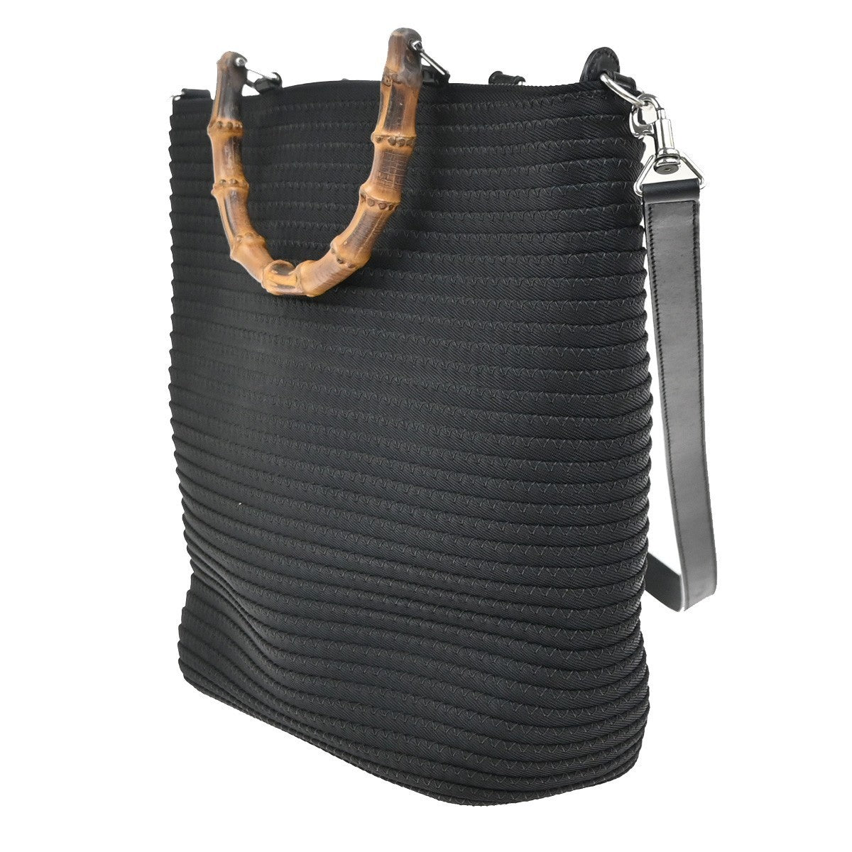 GUCCI Logo Bamboo 2Way Shoulder Hand Bag Canvas Leather Black SHW 67KP430