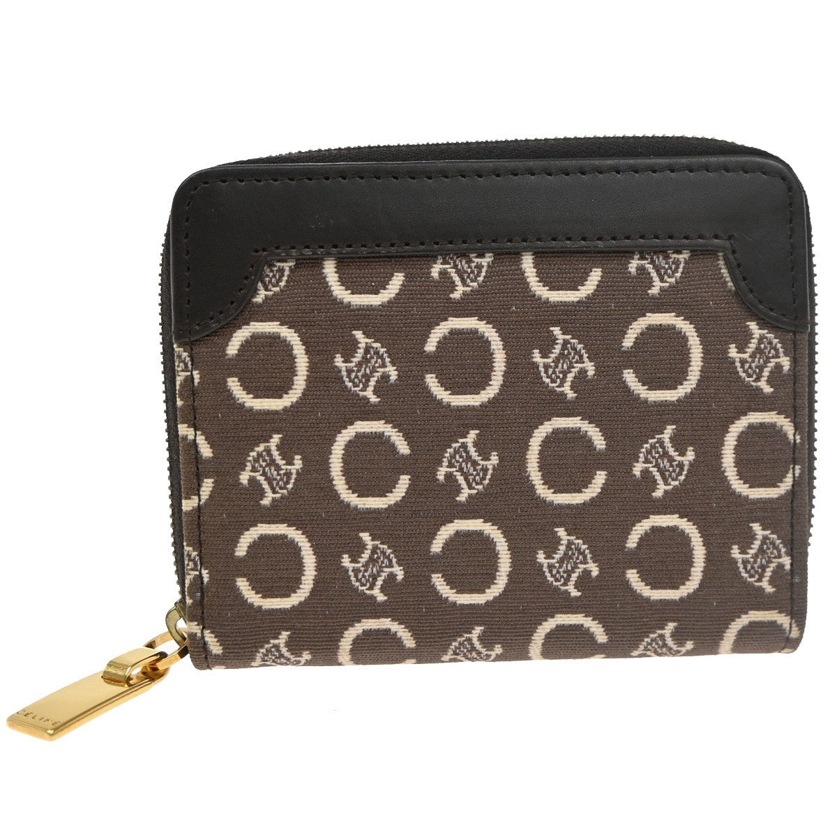 CELINE Logo Macadam Pattern Mini Zipper Wallet Canvas Leather Brown GHW 68TA454
