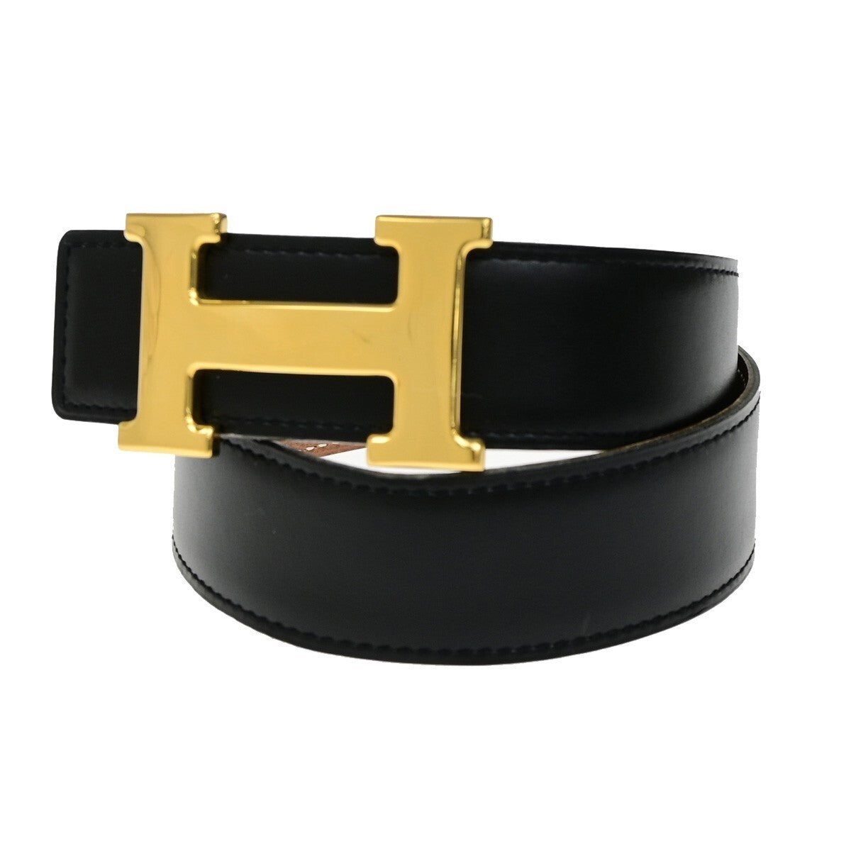 HERMES H Logo Constance Reversible Buckle Belt Leather #68 Black Brown 82RL054