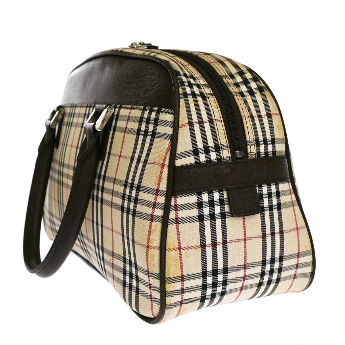 BURBERRY Logo Nova Check Hand Bag Canvas Leather Beige Brown Silver 63HB067