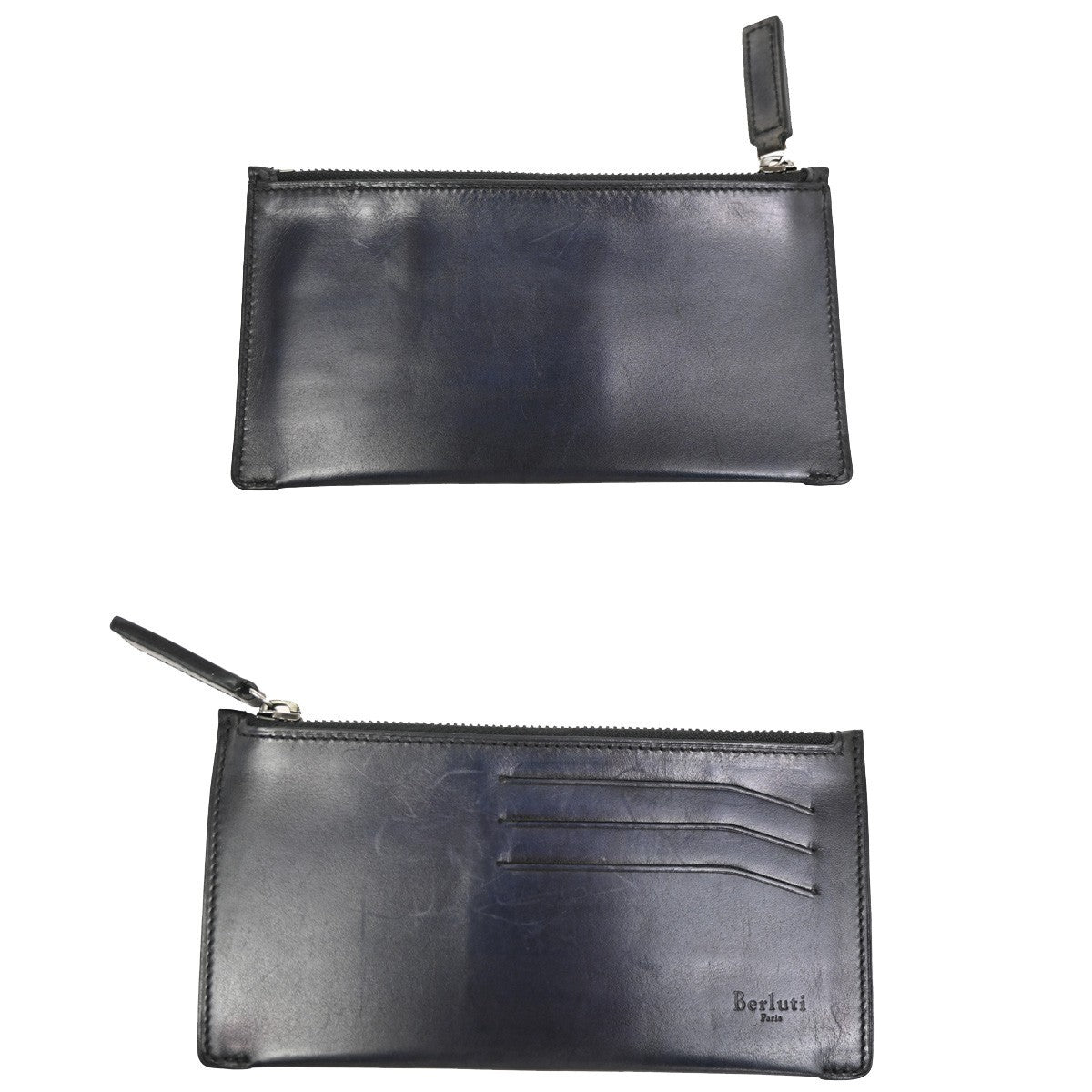 BERLUTI Logo Calligraphy Bifold Long Wallet Leather Patina Navy Blue 34KD078