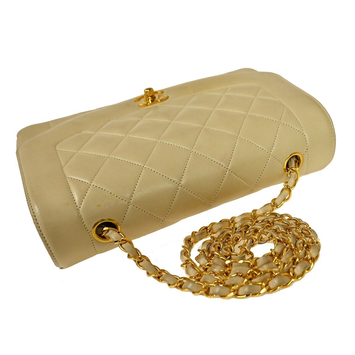 CHANEL CC Logo Diana Matelasse 25 Chain Shoulder Bag Leather Beige GHW 898RH912
