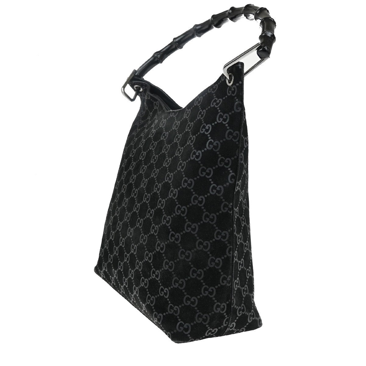 GUCCI Logo Bamboo GG Pattern Shoulder Bag Suede Leather Black Italy 36FB558