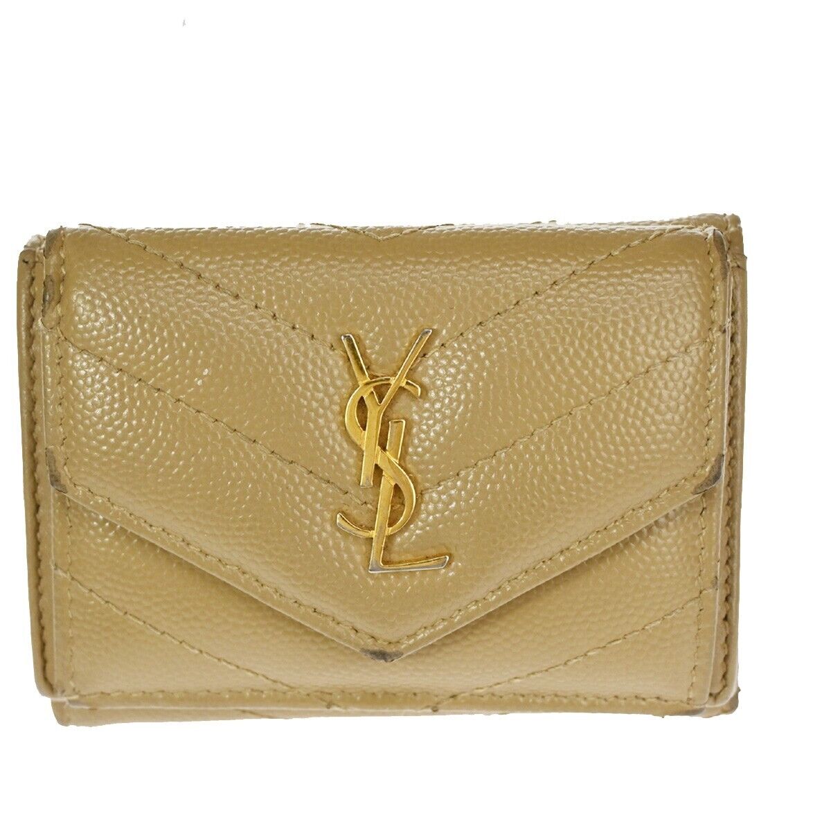 SAINT LAURENT YSL Logo Trifold Wallet Purse Leather Beige Gold Italy 66SH093