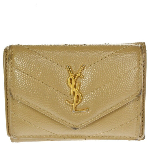 SAINT LAURENT YSL Logo Trifold Wallet Purse Leather Beige Gold Italy 66SH093