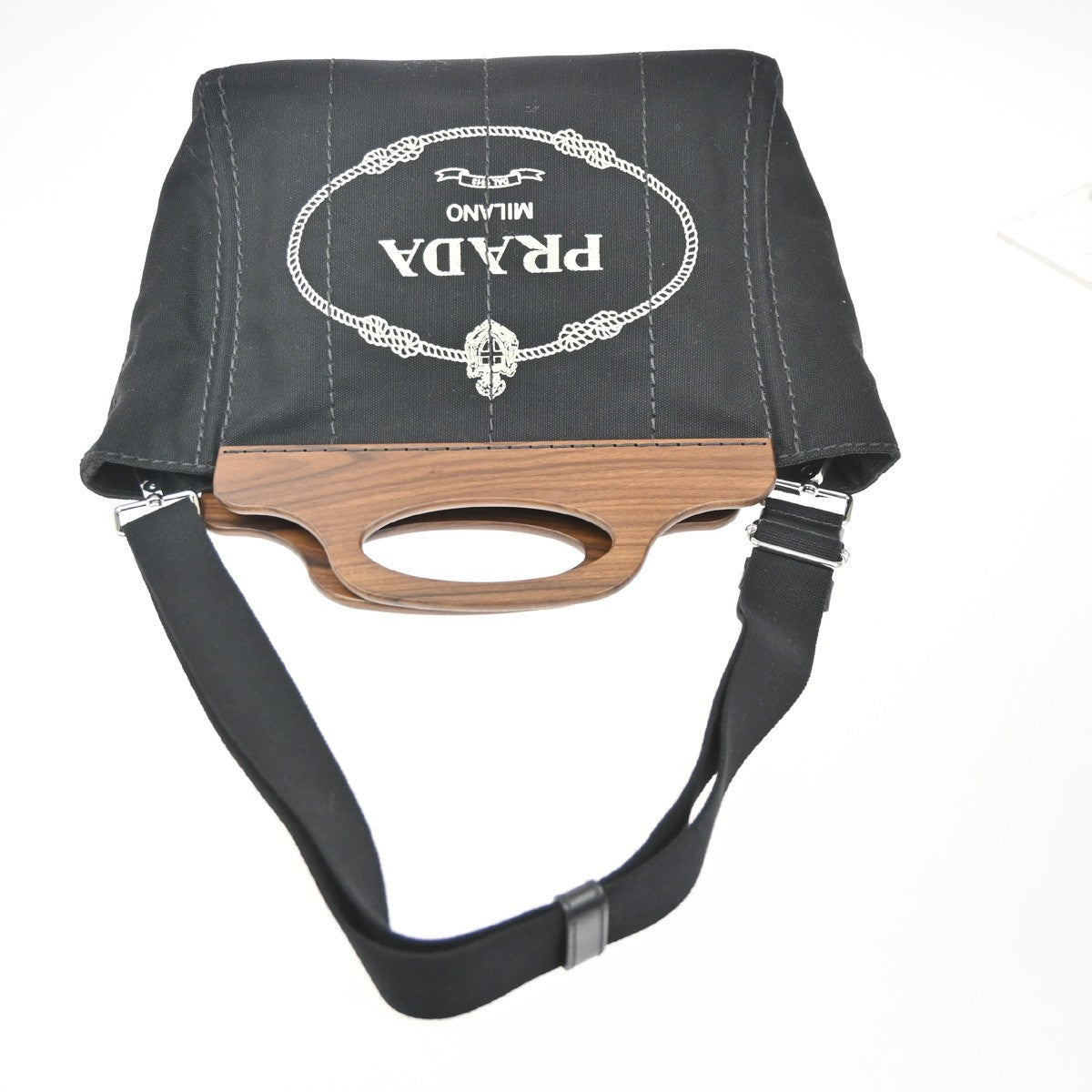 PRADA Milano Logo CANAPA 2Way Tote Hand Bag Canvas Wood Black Italy 50RL769