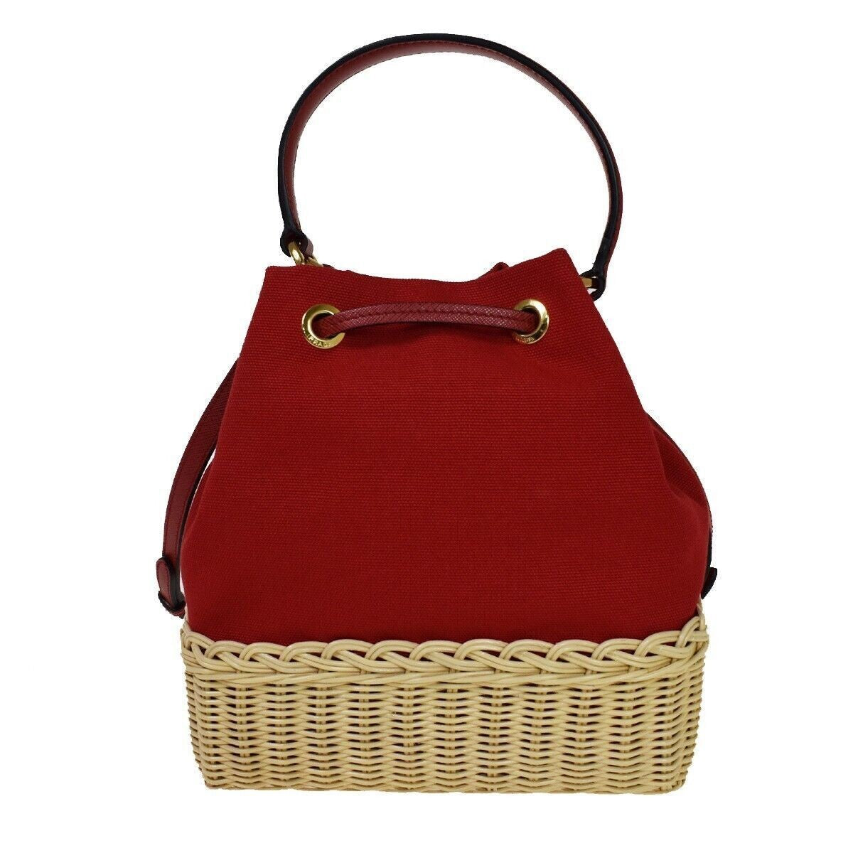 PRADA Logo Plage Wicker 2Way Shoulder Hand Bag Canvas Leather Red Gold 678RH125