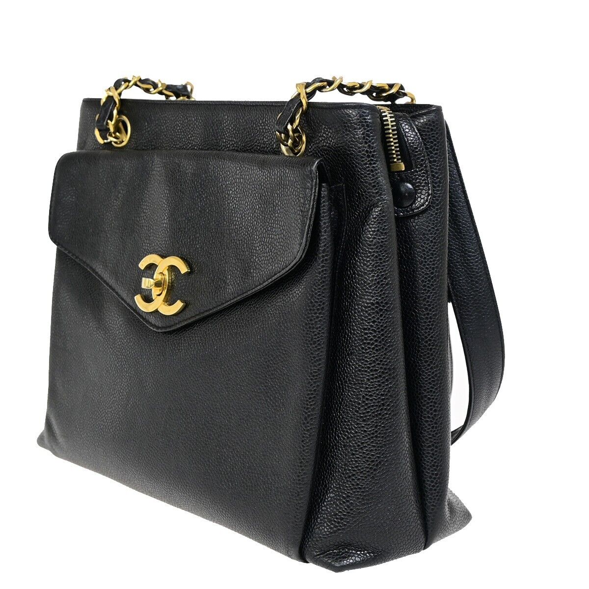 CHANEL CC Logo Chain Shoulder Bag Caviar Skin Leather Black GHW Italy 690RF155