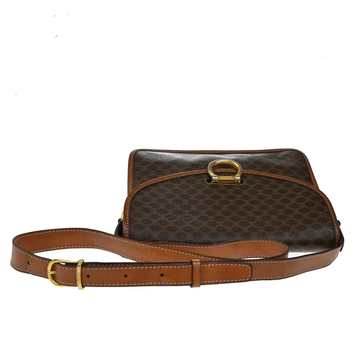 CELINE Logo Macadam Pattern Shoulder Bag PVC Leather Brown GHW 05YH782
