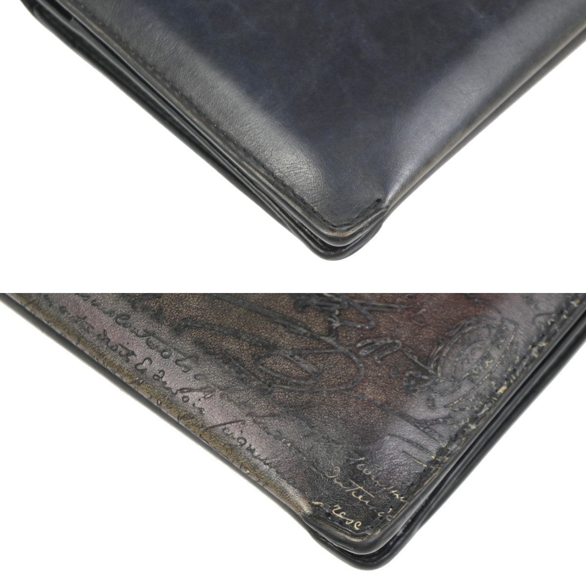 BERLUTI Logo Calligraphy Bifold Long Wallet Leather Patina Navy Blue 34KD078
