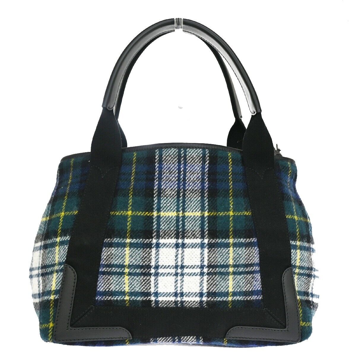 BALENCIAGA NAVY Cabas S Shoulder Tote Bag Check Pouch Wool Leather GN BK 75YC423