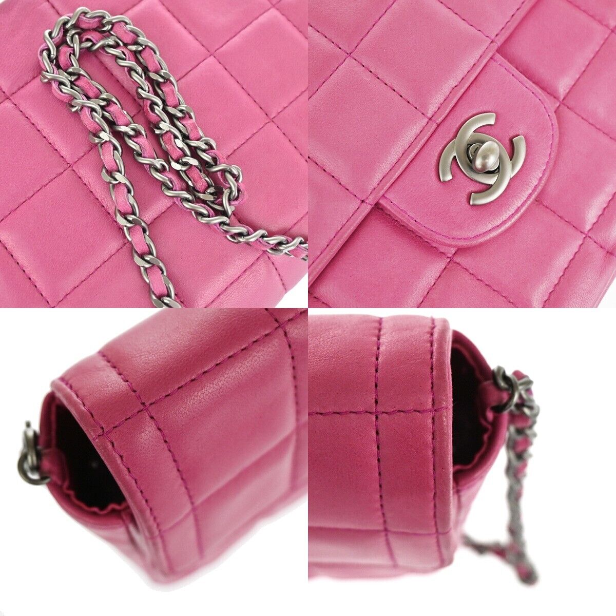 CHANEL CC Logo Chocolate Bar Chain Shoulder Bag Leather Magenta France 325RH263