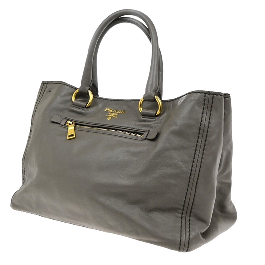 PRADA MILANO Logo Hand Tote Bag Leather Gray Gold-Plated 32FB528