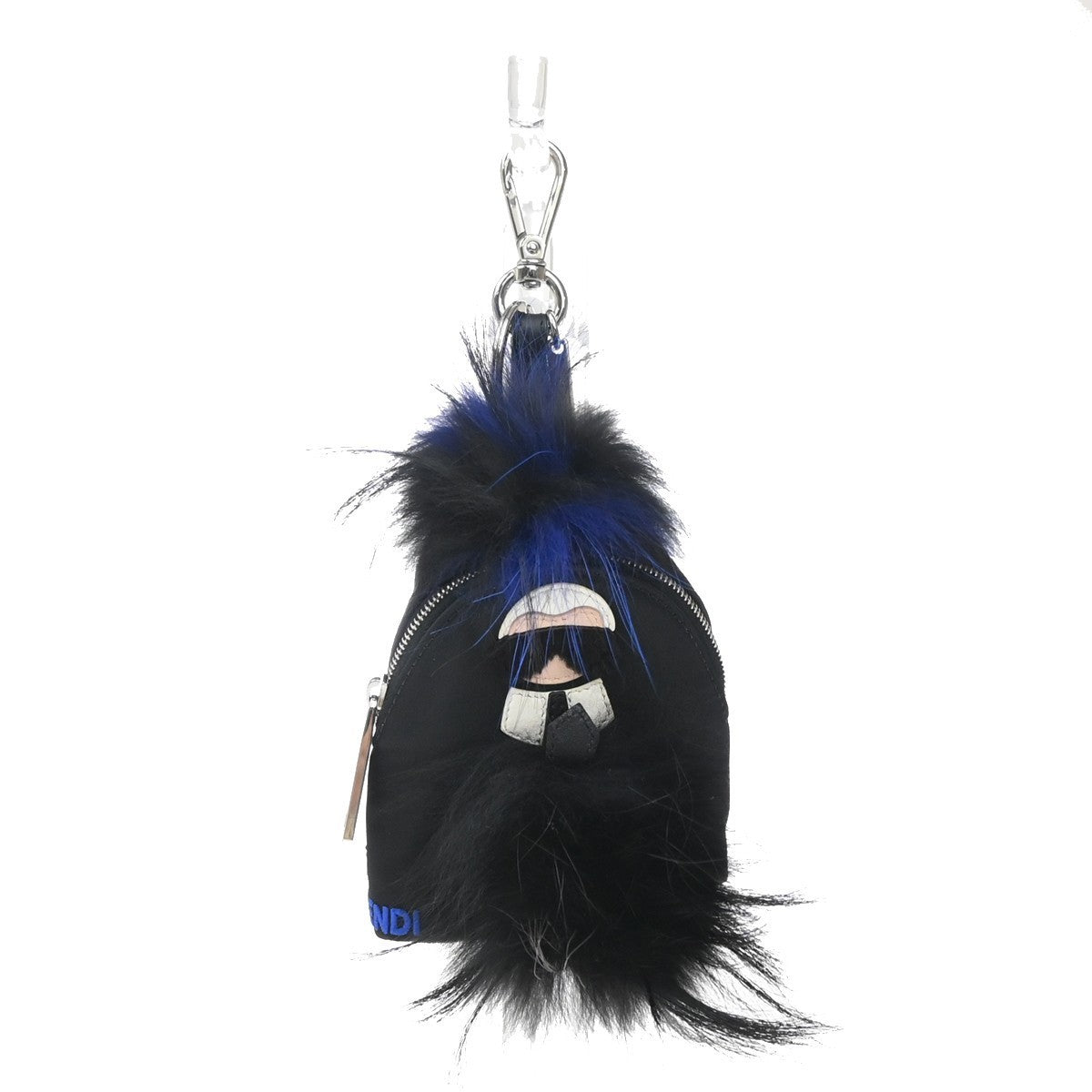 FENDI Karlito Backpack Bag Key Chain Charm Pouch Nylon Leather Fur Black 31KP339