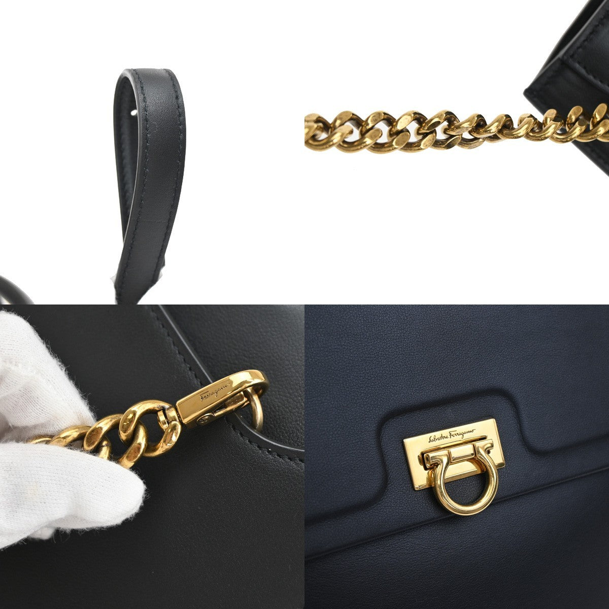 SALVATORE FERRAGAMO 2Way Gancini Shoulder Hand Bag Leather Black Gold 79RF484