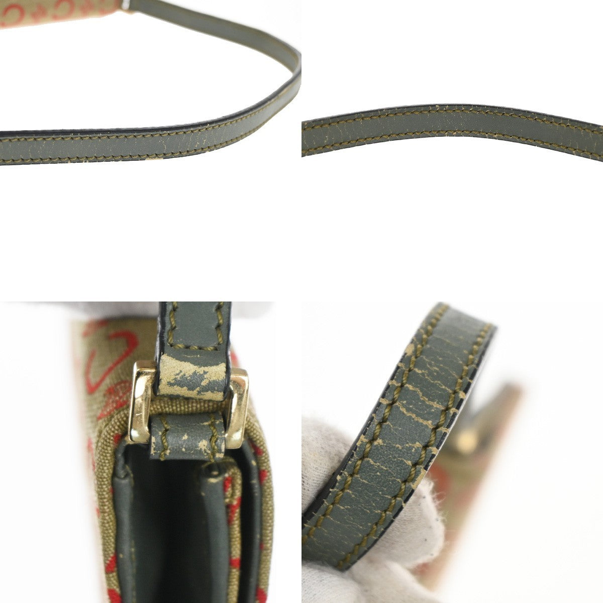 CELINE C Macadam Mini Shoulder Hand Bag Canvas Leather Green GHW 38TA468