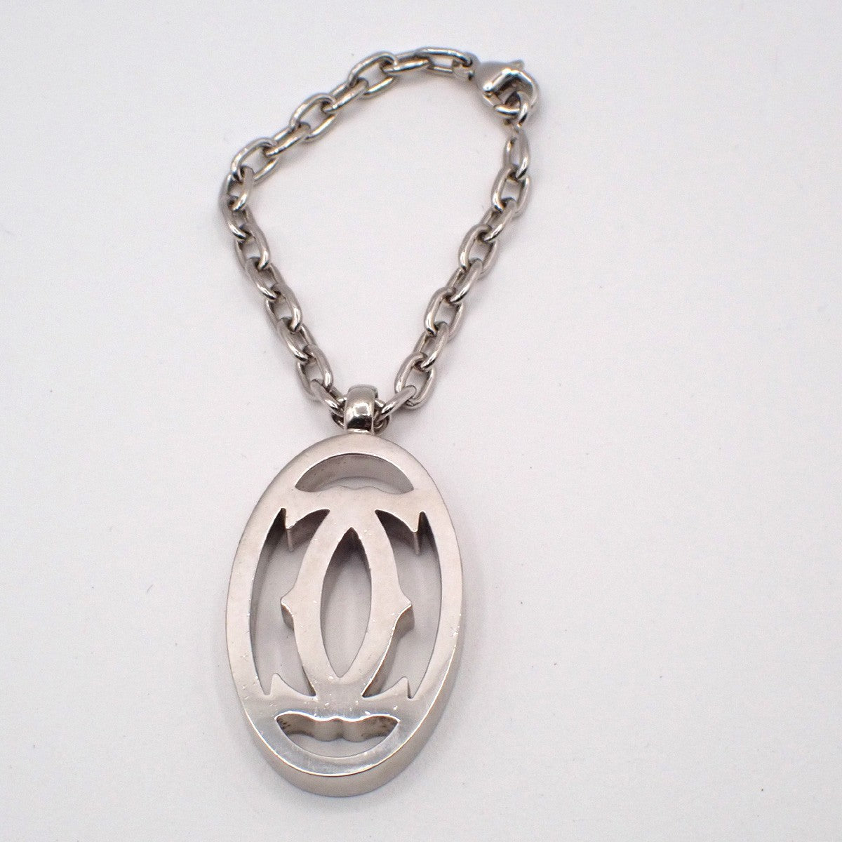 CARTIER 2C Logo Chain Bag Charm Key Ring Pendant Top Silver Accessory 07MA184