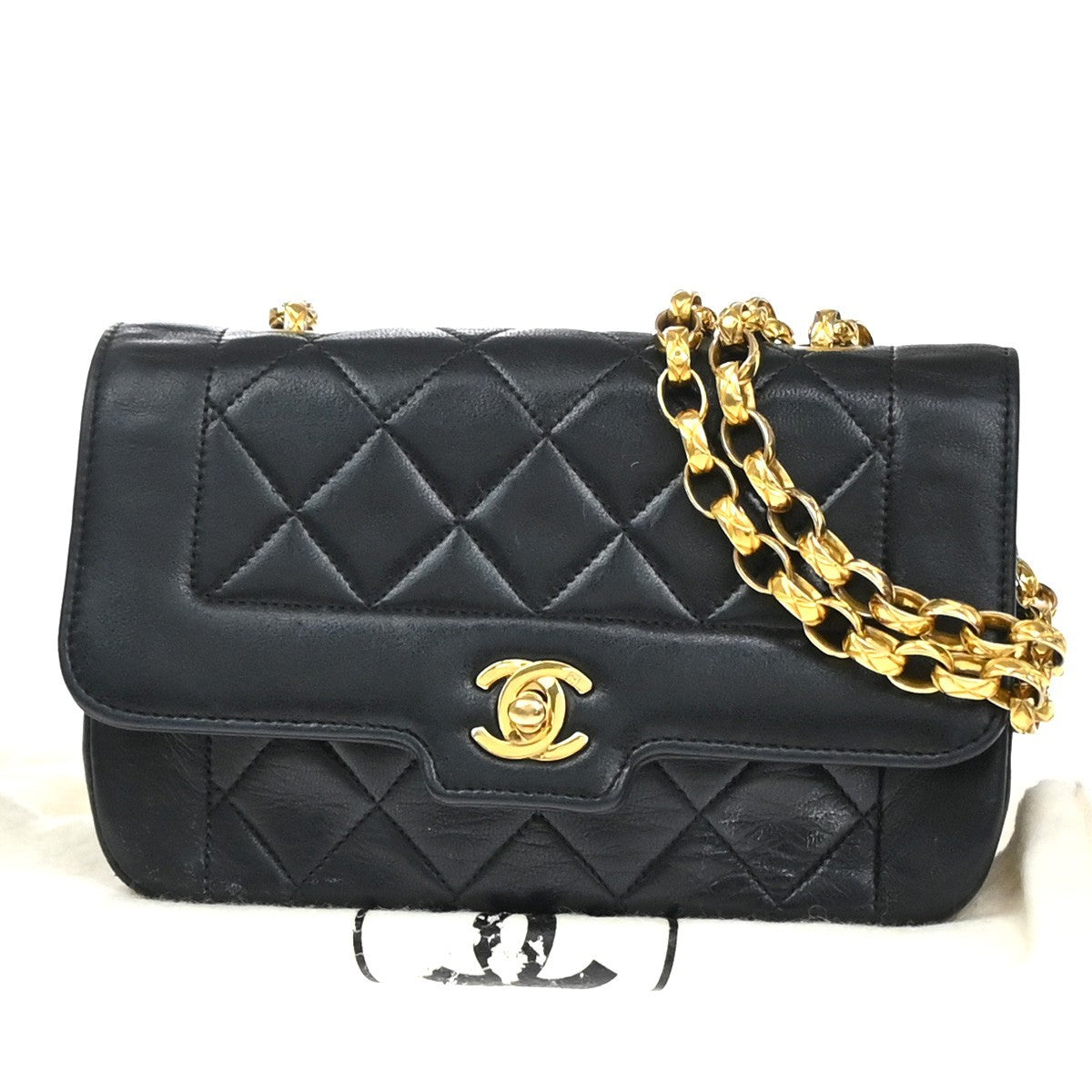 CHANEL Mini Diana Matelasse Chain Shoulder Bag Leather Black Vintage 359RP169