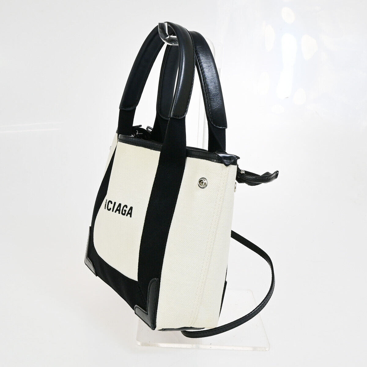 BALENCIAGA Navy Cabas XS 2Way Shoulder Hand Bag Canvas Leather WE BK 88YG007