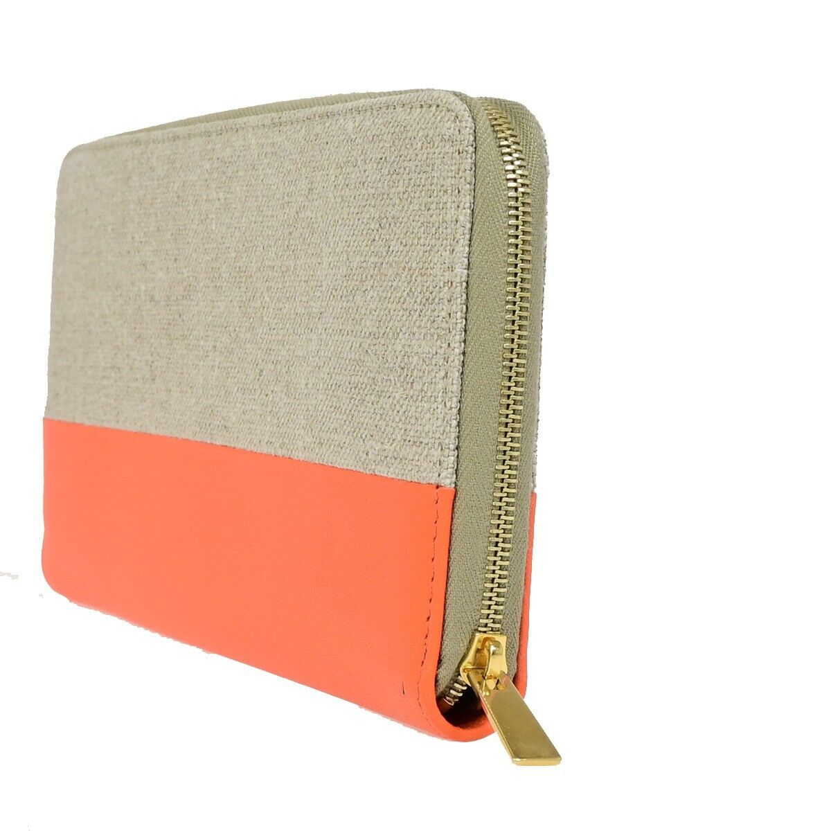 CELINE Logo Bicolor Round Zipper Long Wallet Canvas Leather Beige Orange 09KA373