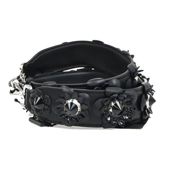 FENDI Logo Bag Shoulder Strap Flower Studs Leather Black SHW Italy 30KP492
