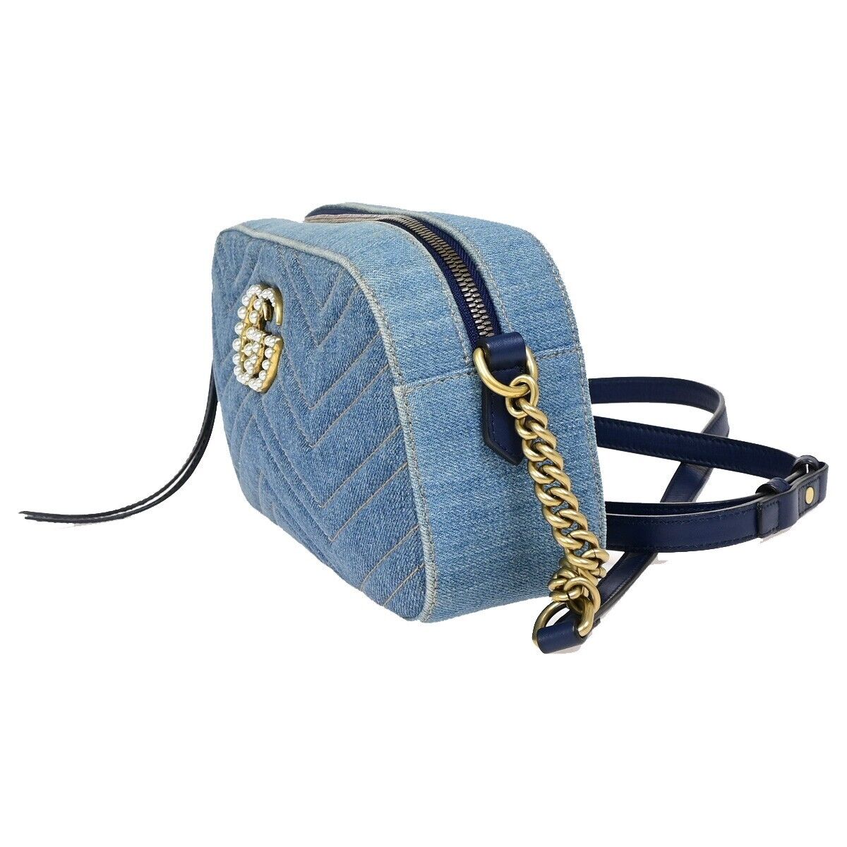 GUCCI GG Marmont Chain Shoulder Bag Imitation Pearl Leather Denim Blue 675RJ902