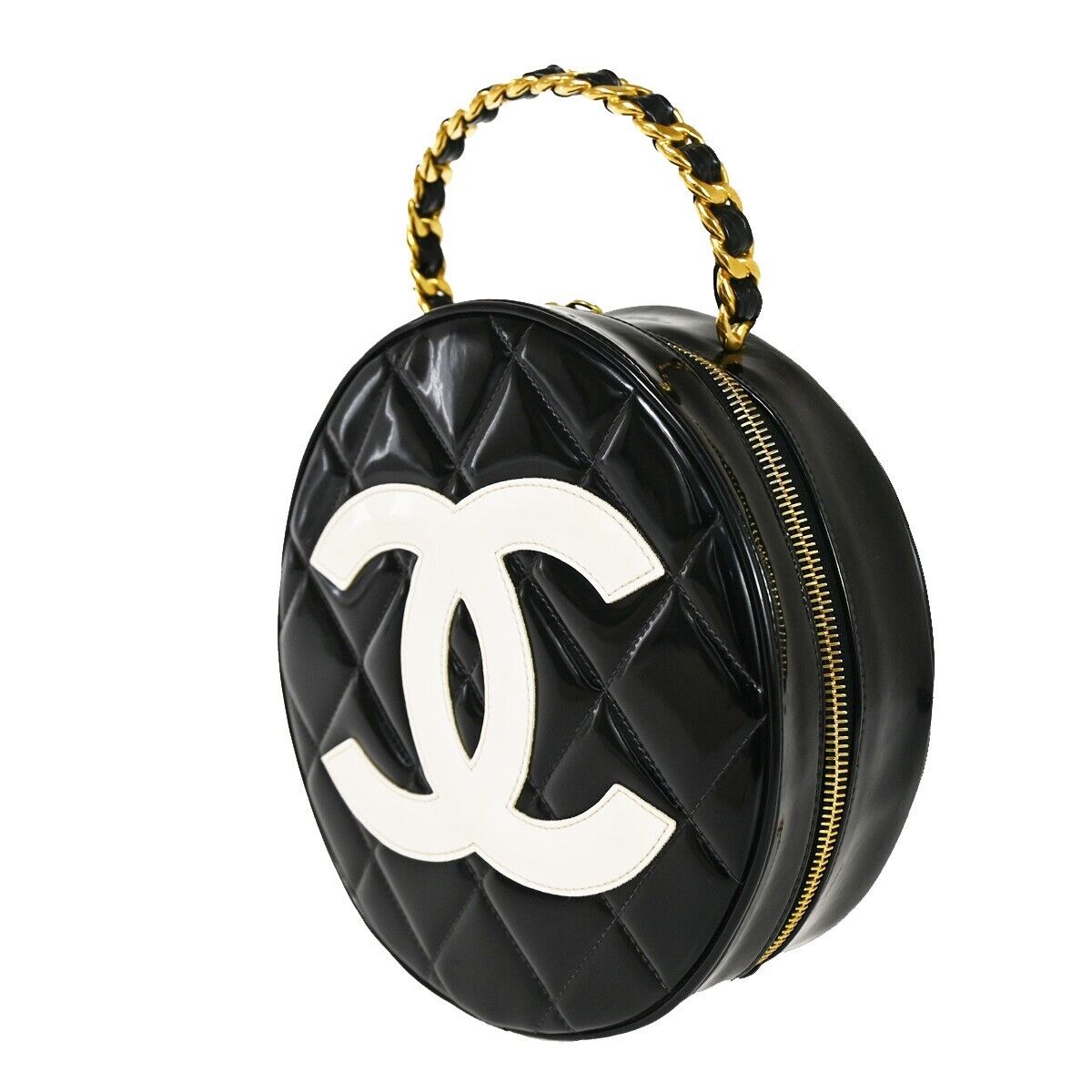 CHANEL CC Matelasse Round Vanity Chain Hand Bag Patent Leather Black 6820LC438