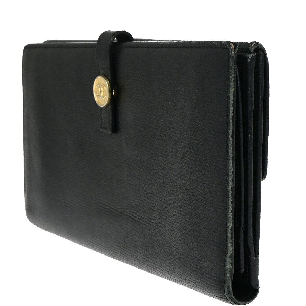 CHANEL CC Logo Long Bifold Wallet Purse Leather Black GHW France 33EB272