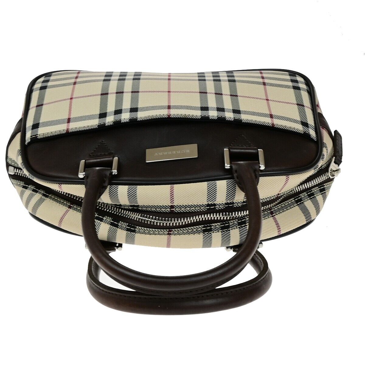BURBERRY Logo Nova Check Hand Bag Canvas Leather Beige Brown Silver 38ED684