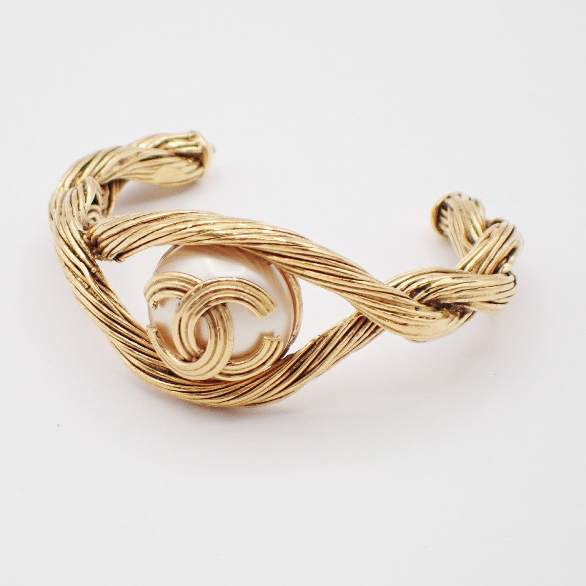CHANEL CC Logo Imitation Pearl Bangle Bracelet Gold White 94A GHW France 38RL858