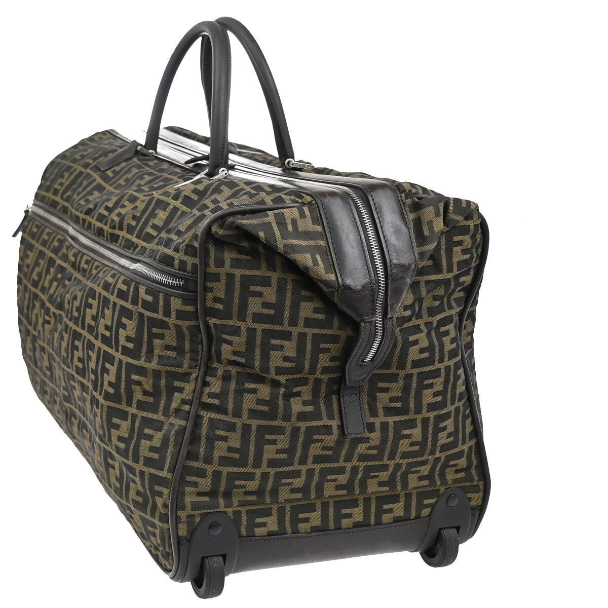 FENDI Zucca Rolling Duffel Bag Trolley Case Canvas Leather Brown SHW 70KB650