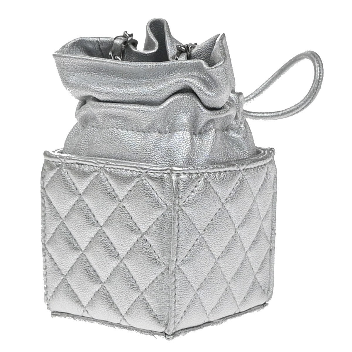 CHANEL Matelasse Drawstring Bucket Mini Shoulder Bag Leather Silver 683RP119