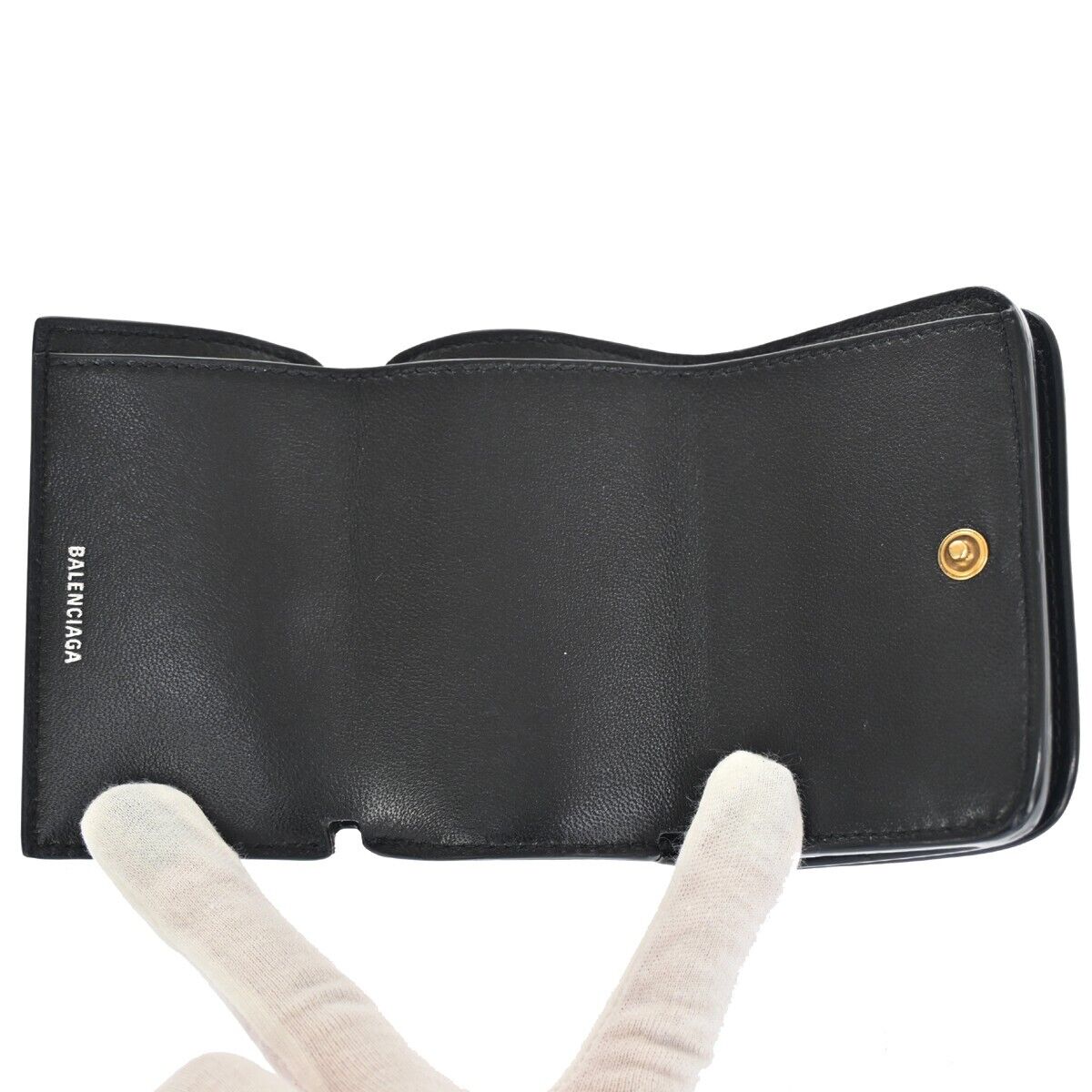 BALENCIAGA Logo Everyday Mini Trifold Wallet Purse Leather Black Italy 64HB612