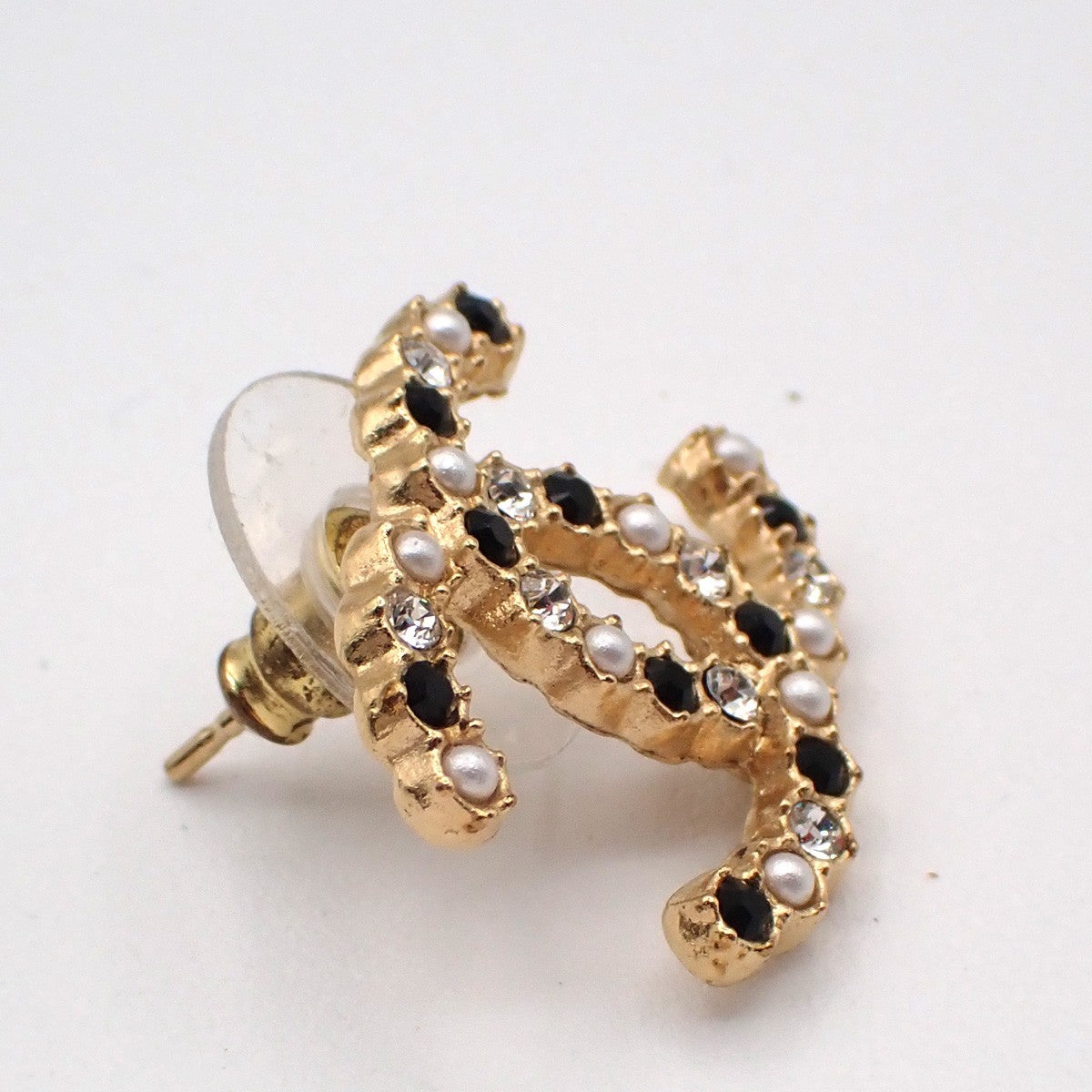 CHANEL CC Logo Rhinestone Imitation Pearl Earrings Pierced A21V Gold BK 60ZA144