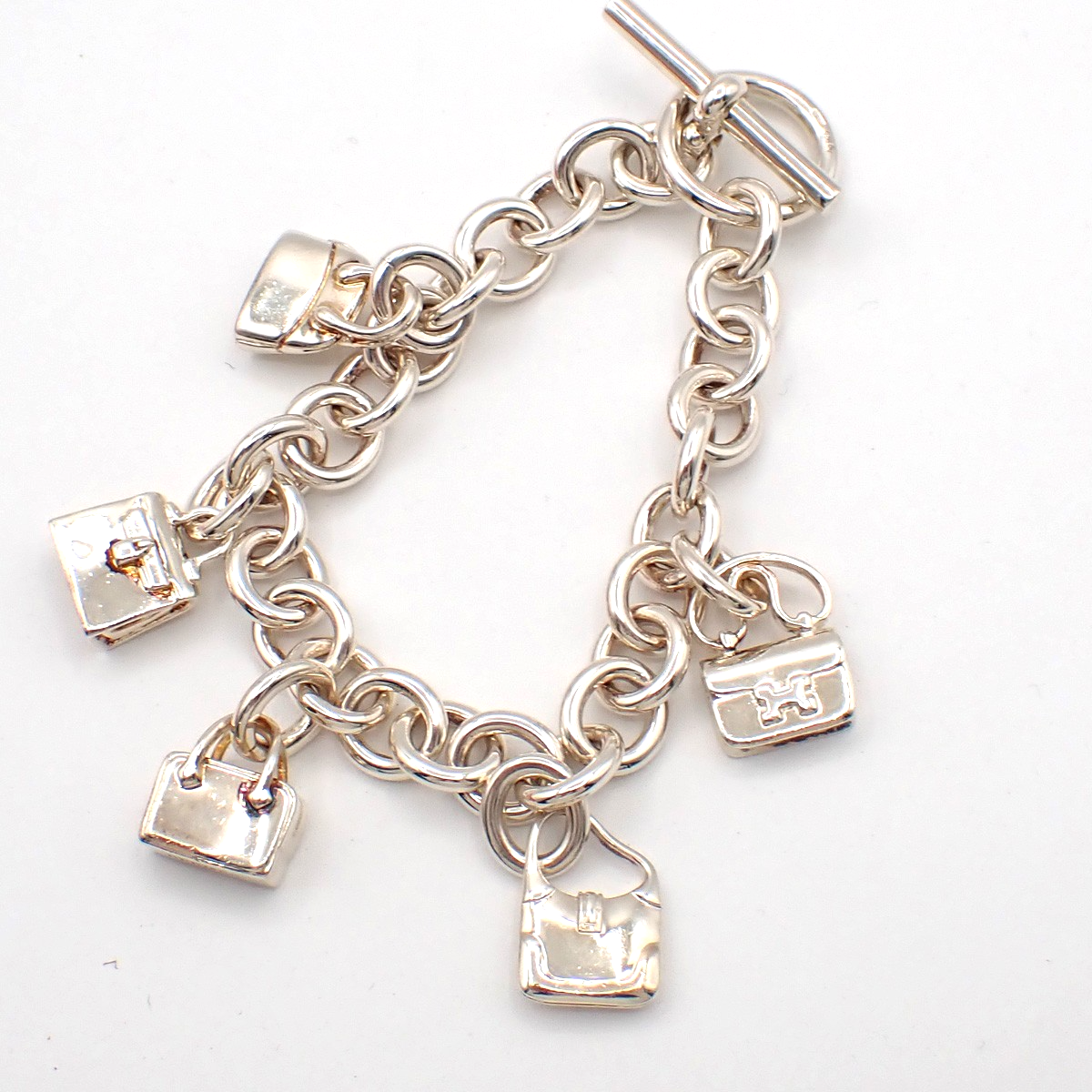 HERMES Logo Amulet 5 Charm Chain Bracelet Bangle Silver 925 France 649LC634