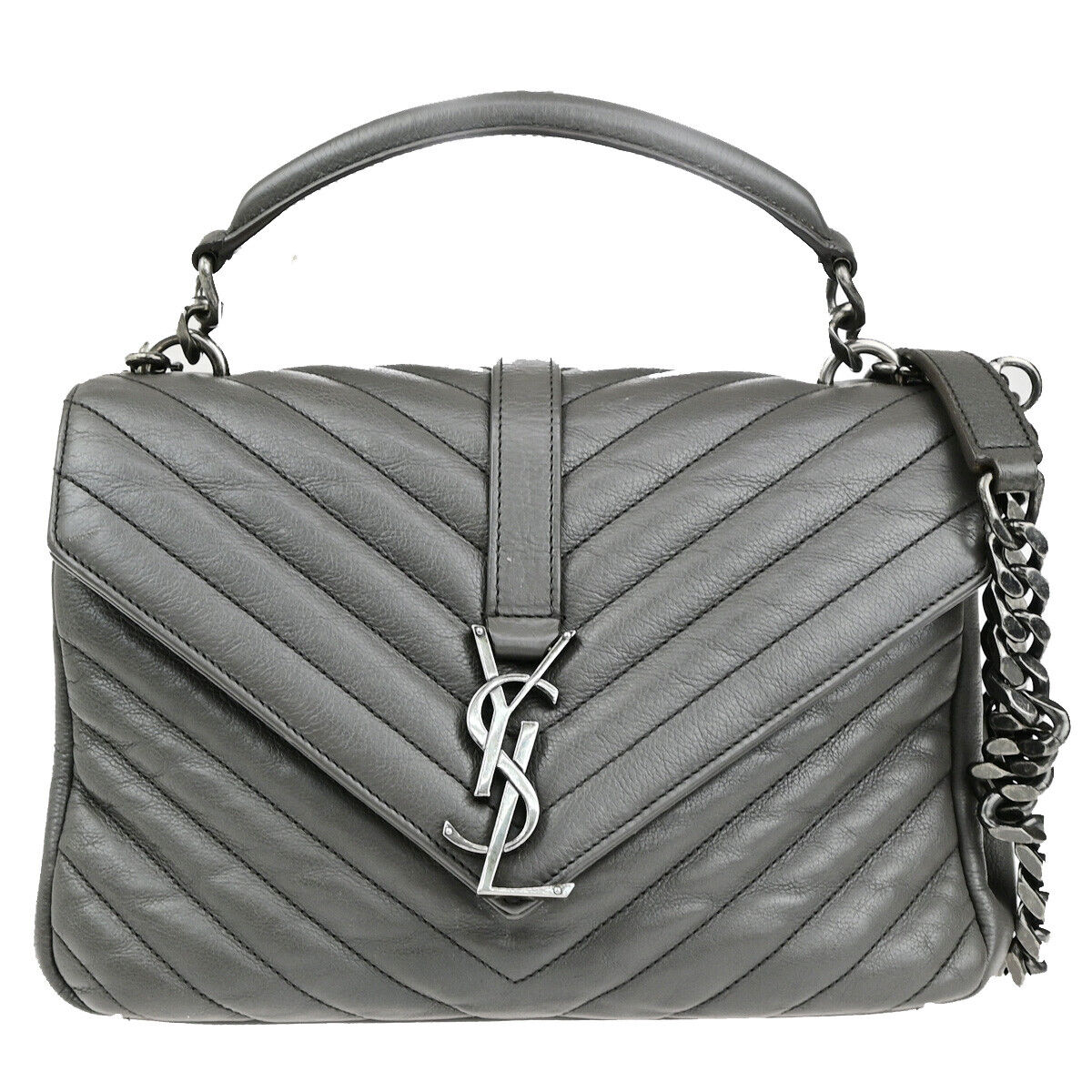 SAINT LAURENT College Medium Chain Shoulder Bag Quilted Leather Gray 667RK859